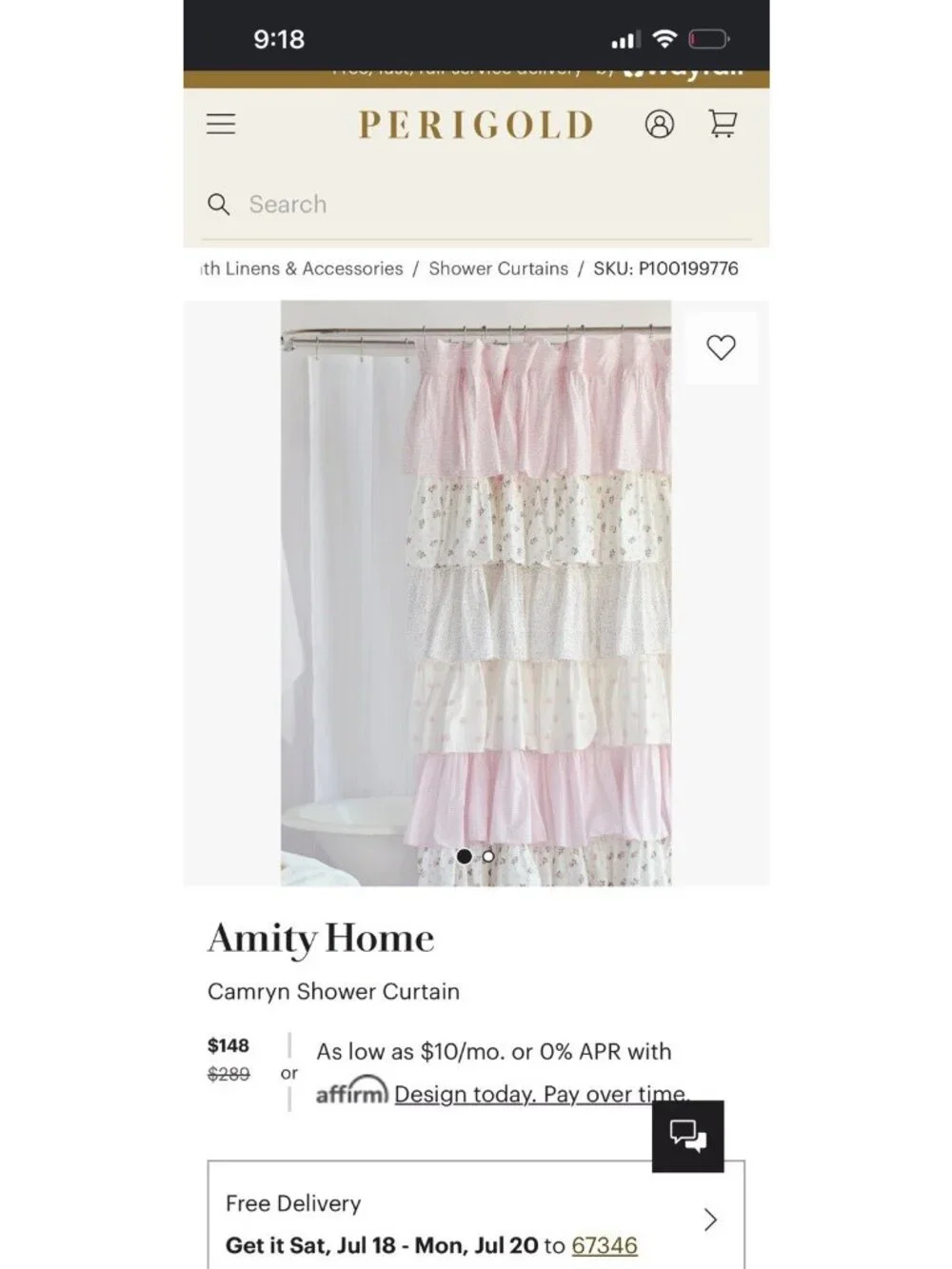 Ruffled Shower Camryn Curtain Pink & White  AMITY HOME 100% Cotton Cottagecore